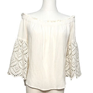 1. State Cream Off Shoulder Crepe Exaggerated Eyelet Sleeve Flowy Boho Top Large
